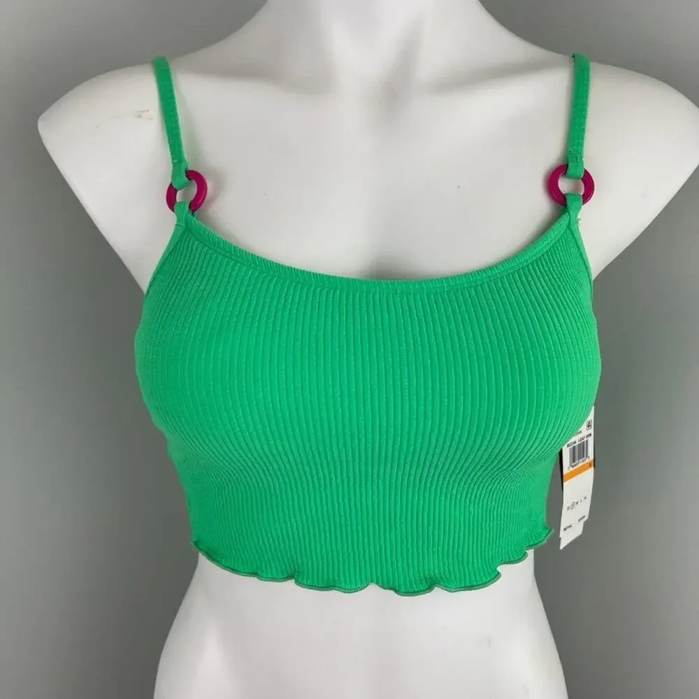 SALT + COVE Women Green Stretch Ruffled O-Ring Textured Scoop Neck Swim Top